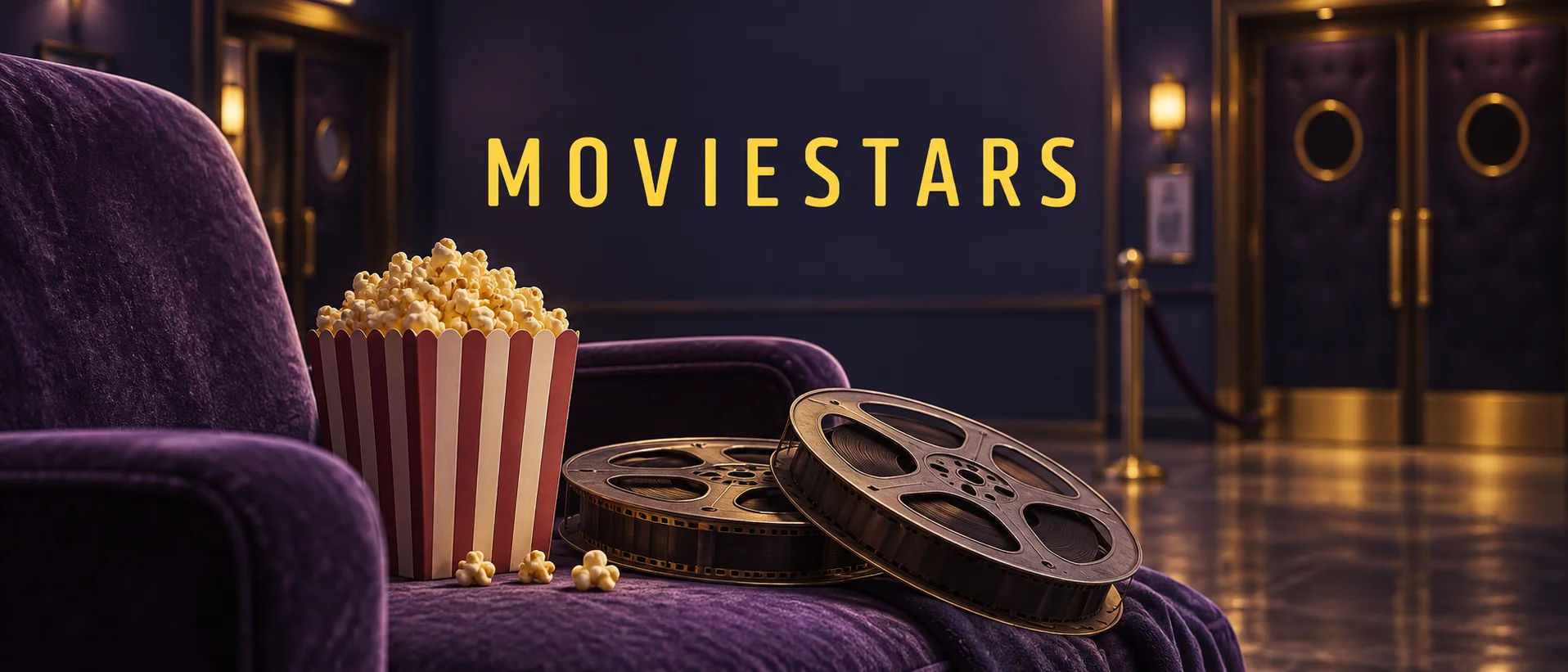 Yellow MOVIESTARS lettering above a purple cinema seat, popcorn and film reels